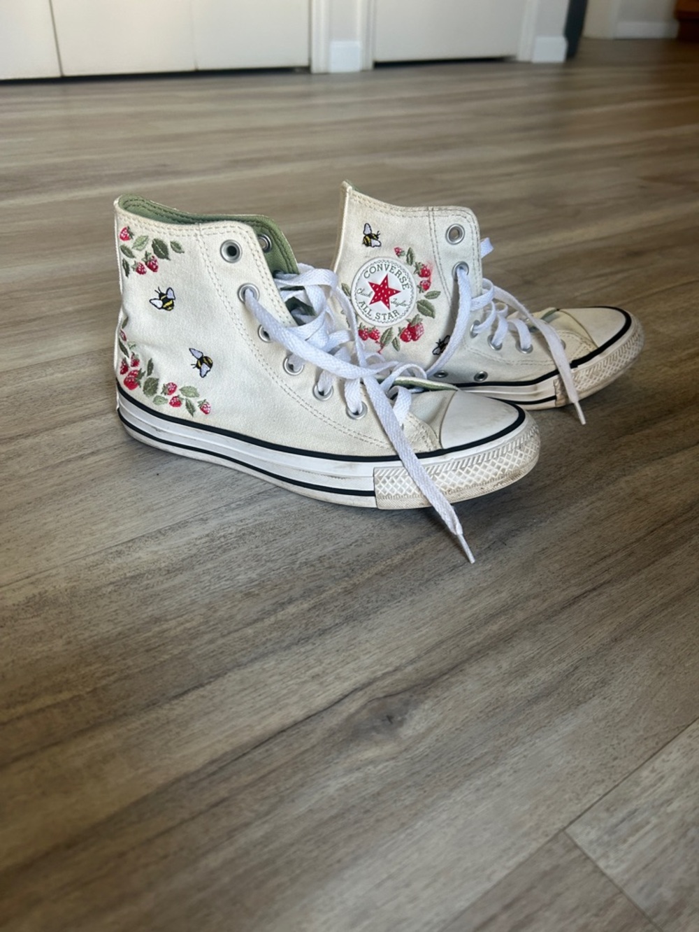 Converse White High Top Sneakers with Pink Floral & Yellow Bee Embroidery